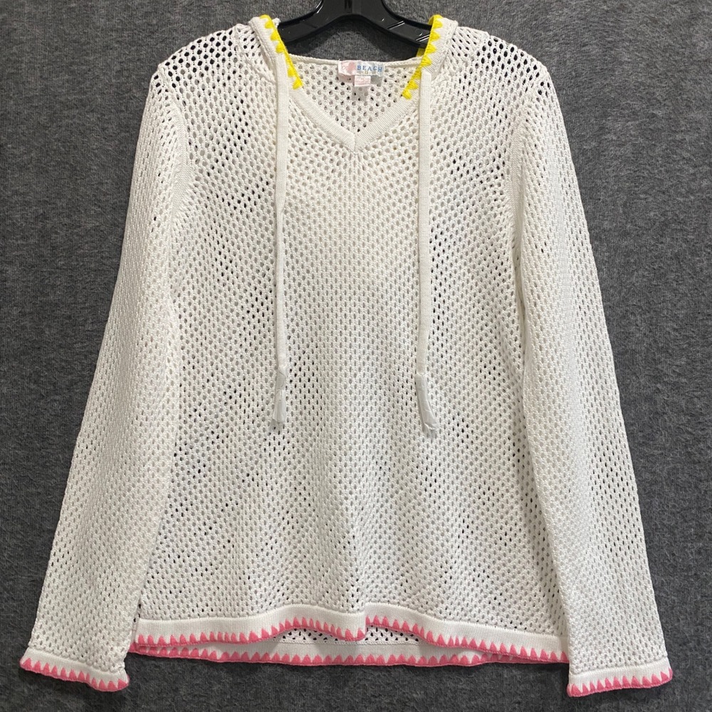 Belle Beach Kim Gravel Hooded Sweater‎ Women M Boho Mesh Crochet Beach Coastal